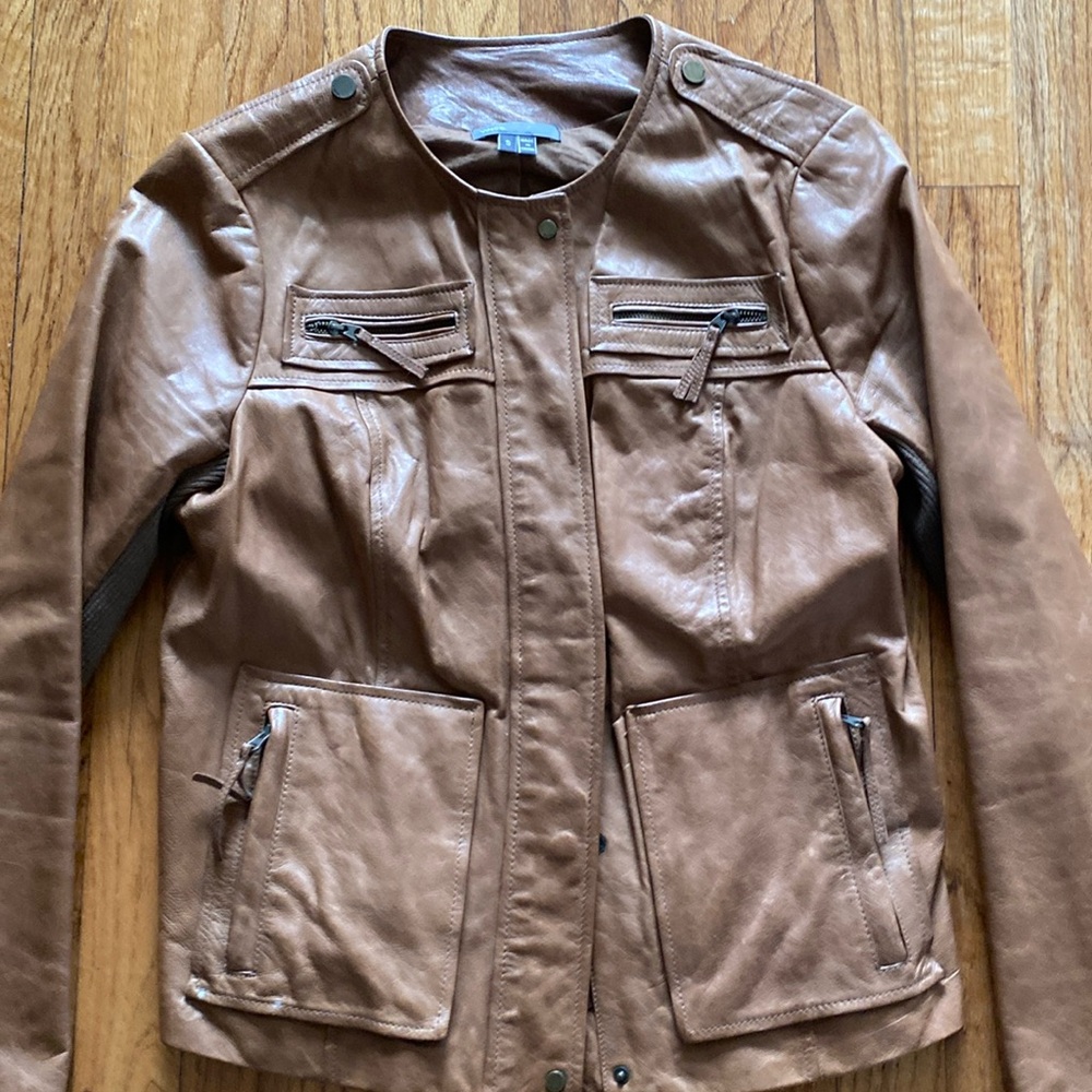 Vince vintage brown leather jacket. Fitted to waist. Great details.